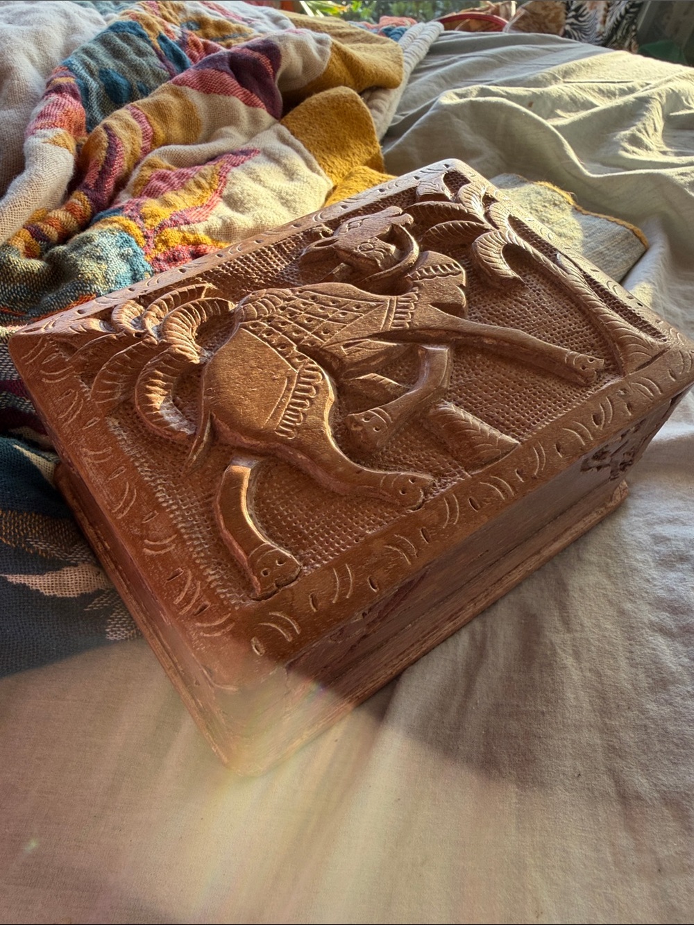 Handcarved Wooden Camel and Palm Tree art trinket box with velvet lining